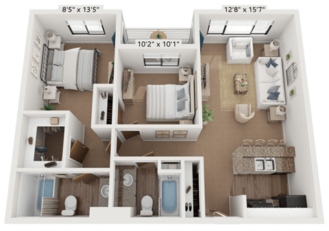 Floor plan for 2 beds, 2 baths, 998 sqft